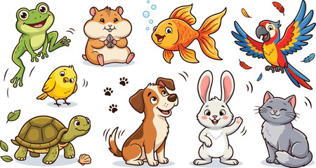 Naklejka premium Cute Cartoon Domestic Pet and Small Animal Character Collection Including Dog Cat Bunny Parrot Hamster and Turtle Vector Illustration Pack