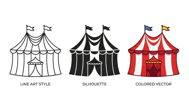 Set of circus tent icons in line art silhouette and colorful vector styles for carnival design