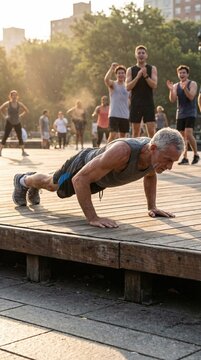 Older man performing push-ups on an outdoor wooden platform with a group of people exercising in the background during, aging gracefully concept