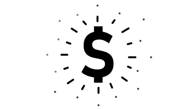 Animated black icon of dollar. Radiance from rays around symbol. Concept of business, money. Flat vector illustration isolated on the white background.
