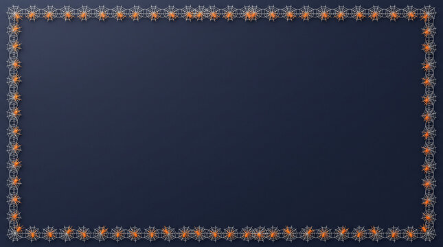 Dark Halloween horizontal background frame with full border of realistic style miniature orange pumpkin jack o lanterns flat lay vector layout on deep navy blue backdrop copy space
