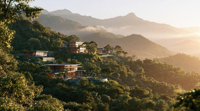 A serene villa nestles amidst the verdant tropical foliage of a misty mountain range while the morning sun casts a golden glow across the lush valley landscape during a tranquil summer sunrise