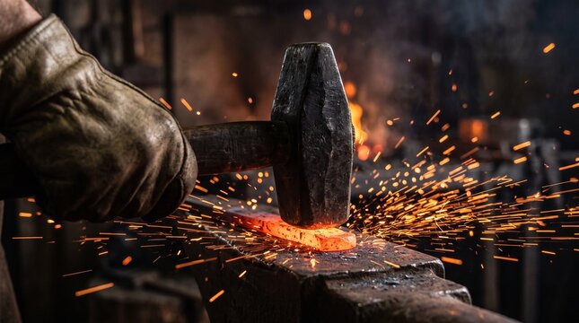 Blacksmith hammer striking glowing hot metal on anvil, sparks flying in dark forge, traditional metalwork craftsmanship