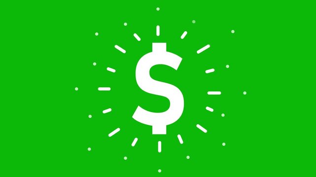 Animated black icon of dollar. Radiance from rays around symbol. Concept of business, money. Flat vector illustration isolated on the white background.