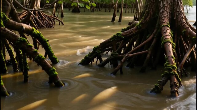 Mangrove forest with exposed root systems submerged in murky tidal water, moss-covered roots swaying gently