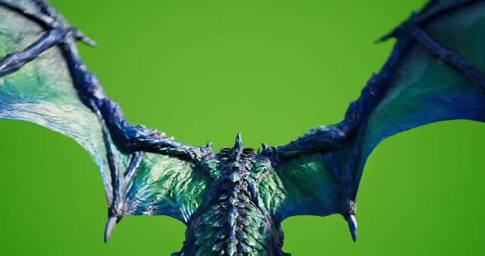 Dragon wings flapping against green screen background, fantasy creature body parts for visual effects and CGI production. 4K Video
