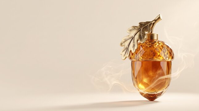 Luxury perfume bottle shaped like faceted amber crystal acorn with golden oak leaf cap and fragrance steam, cream background, autumn aesthetics fragrance concept banner template with copy space
