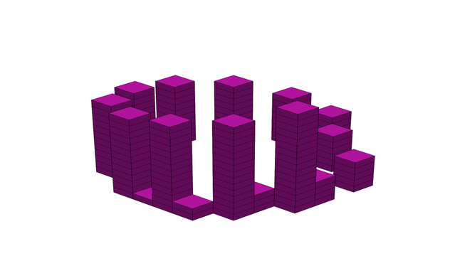 Isometric purple pixel cubes form abstract digital structure on white.