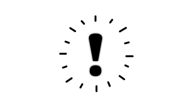 Animated red symbol of exclamation mark. Radiance from rays around symbol. Concept of warning, attention, information. Looped video. Vector illustration isolated on a green background.