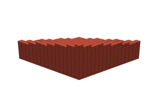 Red pixel cube grid forming geometric corner on white background.