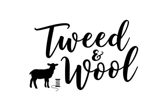 Tweed and Wool calligraphy text design with sheep and yarn roll isolated on transparent background PNG element
