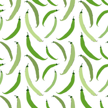 Green Peas Seamless Pattern. Fresh healthy vegetables pattern, fresh food background in hand drawn flat style. Green beans pods concept design for recipe, wrapping paper, textile, fabrics, kitchen.
