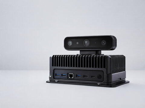 Compact edge computing server on a dark background