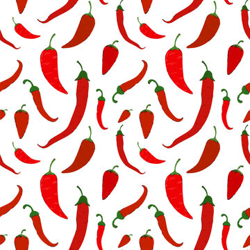 Red Chilli Peppers Seamless Pattern on White Background. Spicy food vector concept design for cooking, packaging, textiles, wrapping paper, recipe, kitchen decoration.