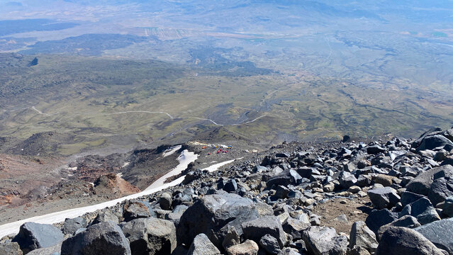 Ararat camps support expeditions, high angle view over high and base camps positioned across rocky volcanic slopes in eastern Turkey