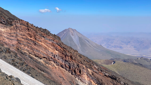 Lesser Ararat rises beyond volcanic ridges, wide view from a high-altitude acclimatization trek in eastern Turkey