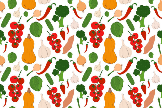 Vegetables Seamless Pattern in Hand Drawn Flat Style. Healthy food vector pattern. Farmers market veggies, cartoon harvest trendy food background for packaging, recipe, textile, wrapping paper.