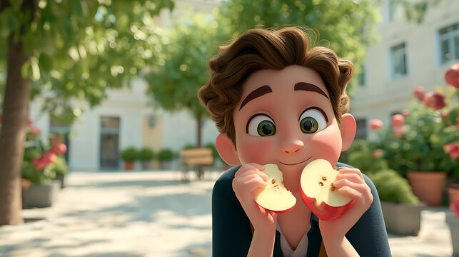 Cute school child happily eating crisp apple slice outdoors