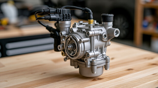 Electronic throttle body removed from a car engine and examined on a clean repair bench, connectors and valve mechanism visible in bright workshop light, throttle body, electronic