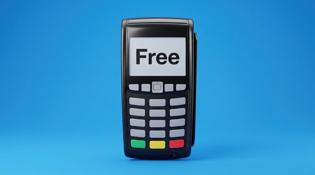 Modern payment terminal displaying the word FREE on its screen against a blue background, representing free payment services, contactless transactions, financial technology and digital commerce