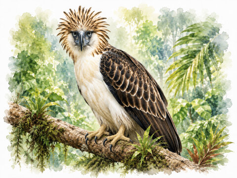 Critically Endangered Philippine Eagle (Pithecophaga jefferyi) &ndash; Rare Filipino Raptor Watercolor Illustration