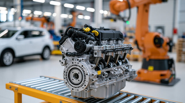 Detailed modern engine being assembled in a high-tech factory, precision components and robotic production equipment visible in a bright clean industrial environment, engine production,