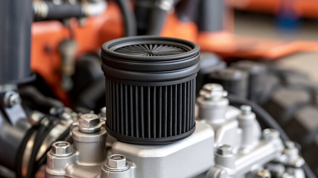 Forklift truck air filter removed for inspection and maintenance, pleated industrial filter displayed beside clean machinery components in bright workshop light, forklift, air filter,