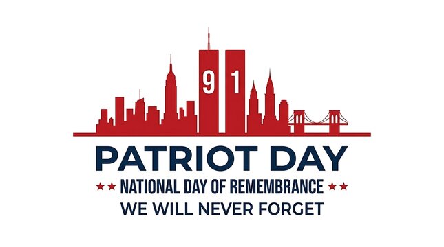 Patriot day remembrance vector template showing red manhattan skyline brooklyn bridge silhouette twin towers typography for memorial day social media posts background graphics.