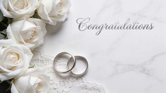 Clean white marble background, left-edge border of white roses, silver wedding rings, and delicate lace. Congratulations is written in elegant silver calligraphy