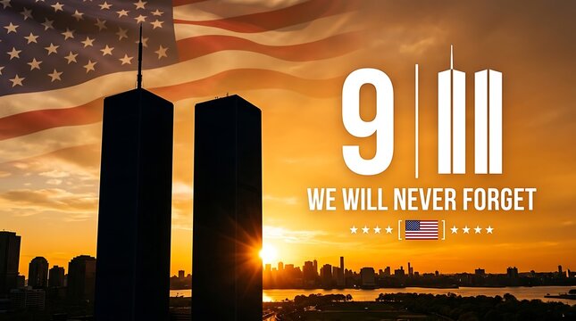 September 11th memorial with silhouette of twin towers and american flag waving during sunset a solemn remembrance and tribute to heroes and victims of the attack.