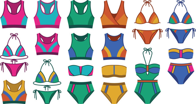 Women Swimwear and Sports Bra Bikini Vector Flat Fashion Sketch Collection for Summer Beachwear