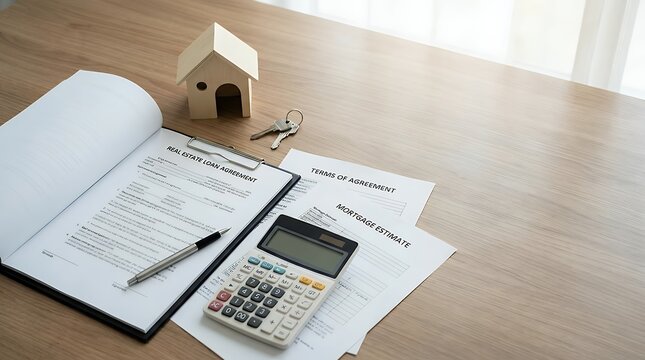 A detailed conceptual representing a real estate loan contract featuring contract documents a mortgage calculator and terms of agreement symbolizing real estate price fees legal aspects and property