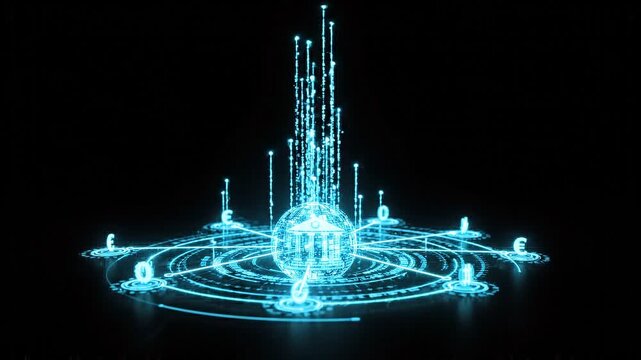Digital banking globe animation with currency symbols and binary code