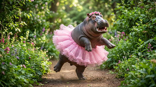 Playful Hippo in Pink tutu dancing in lush garden setting
