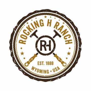 Vintage western ranch emblem featuring crossed branding irons and rustic round stamp border for country aesthetic