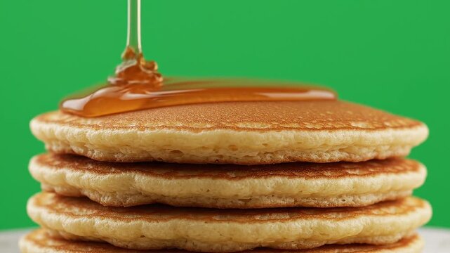 Syrup pouring over a stack of golden brown pancakes