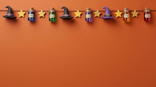 Halloween horizontal banner featuring decorative border with miniature witch hats colorful potion bottles and yellow stars hanging on line over bright orange background copy space