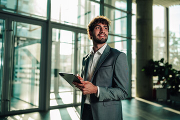 Young businessman holding digital tablet, smiling and looking up, thinking about new business...