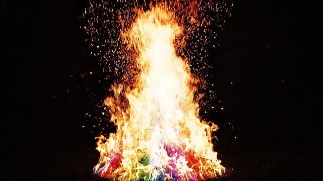 Bonfire with multicolored flames and sparks on a black background