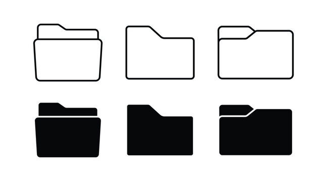 Folder vector icon set isolated on white background, black solid closed folders and yellow open file folders for UI design, office document storage, and directory organization