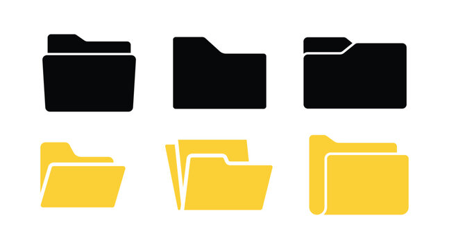 Folder vector icon set isolated on white background, black solid closed folders and yellow open file folders for UI design, office document storage, and directory organization