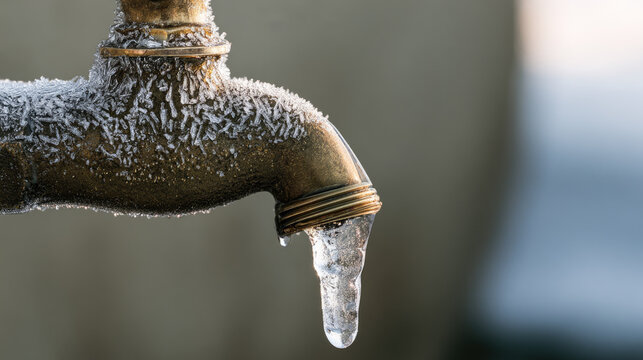 Frozen outdoor water faucet macro photograph showing brass spigot coated with ice crystals and hanging icicle, with frosty texture, crisp side light, shallow focus, and blurred background