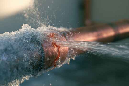 Frozen water pipe burst spraying water through frost covered copper plumbing fracture during cold winter emergency, captured in crisp close up with flying droplets and thick ice