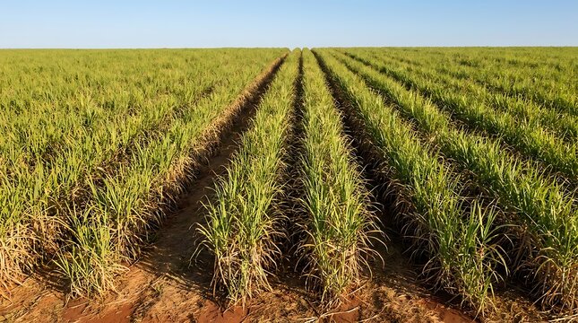 Expansive landscape of green sugarcane plants growing in neat, parallel rows under a bright, clear sky, symbolizing agricultural cultivation and natural abundance in the farming industry