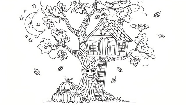 Cozy wooden treehouse built on a friendly face tree under a crescent moon with bats flying around, created with generative AI.
