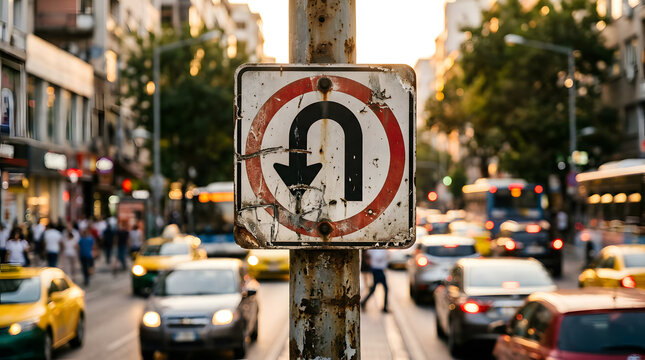 Street Scene with U-Turn Sign in Urban Traffic at Dusk