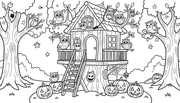 Whimsical wooden treehouse surrounded by cute owls and carved jack-o-lanterns in a spooky Halloween forest, created with generative AI.
