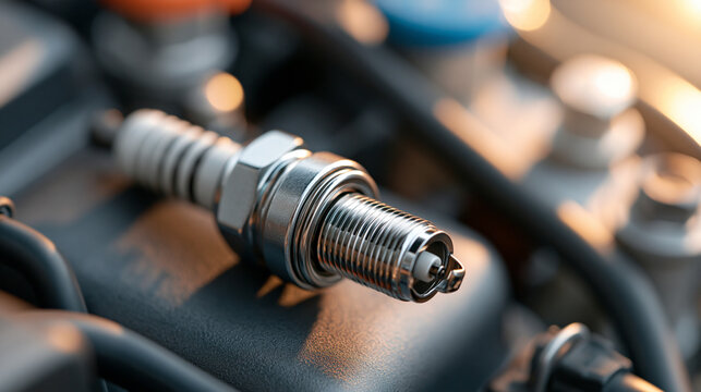 Single clean spark plug highlighted against a softly blurred engine background with a subtle vivid glow and bright high-key illumination, spark plug, ignition system, engine component,