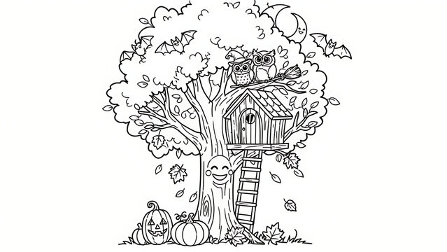 Cute treehouse in a leafy autumn tree featuring a witch owl sitting on a branch with a broomstick, created with generative AI.

