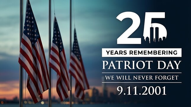 Patriot Day 25 years remembering memorial with waving American flags and city skyline backdrop for 9 11 2001 commemoration signifying enduring spirit and national unity with text we will never forget.